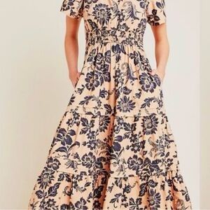 Anthropologie Peach Maxi Dress with Navy Floral Print